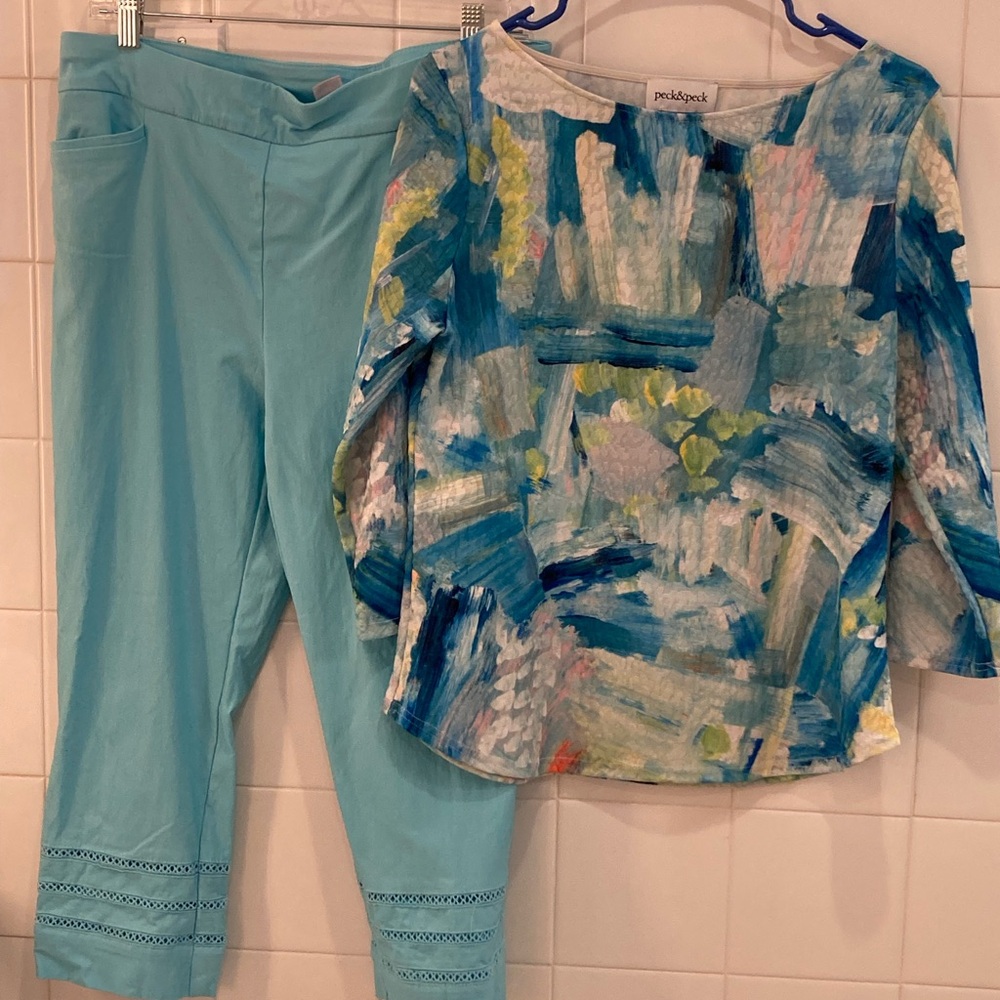 Peck and Peck+Chico’s= Perfect! Colorful Abstract Top and Blue Pants Set